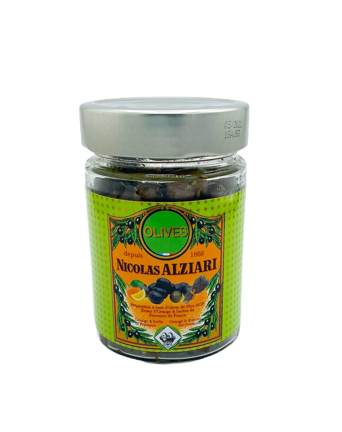 Bocal olives Cailletier: huile, orange et herbes de Provence 180 g