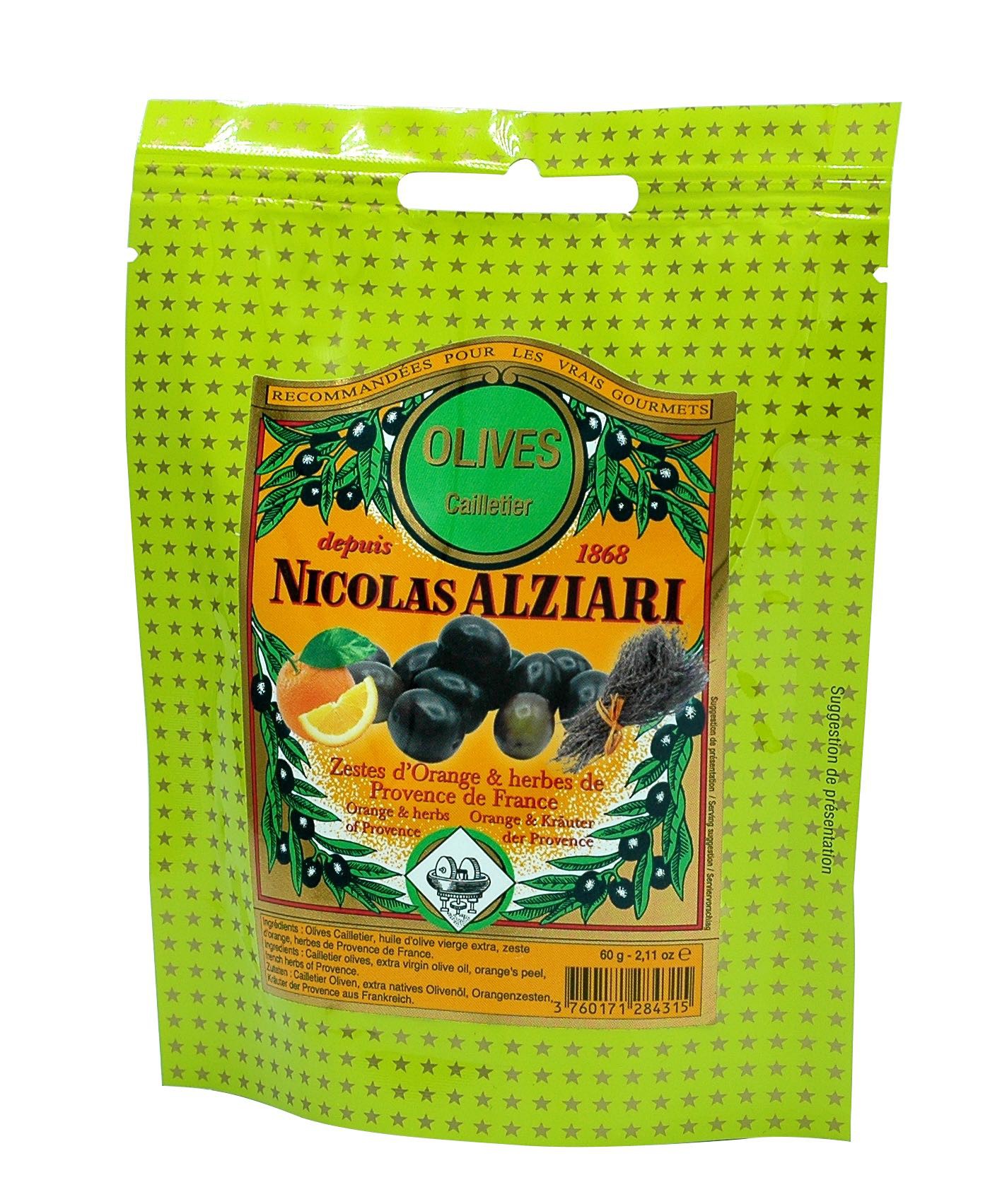 Olive de Nice AOP + zest d'oranges, herbes de Provence 60 g en sachet