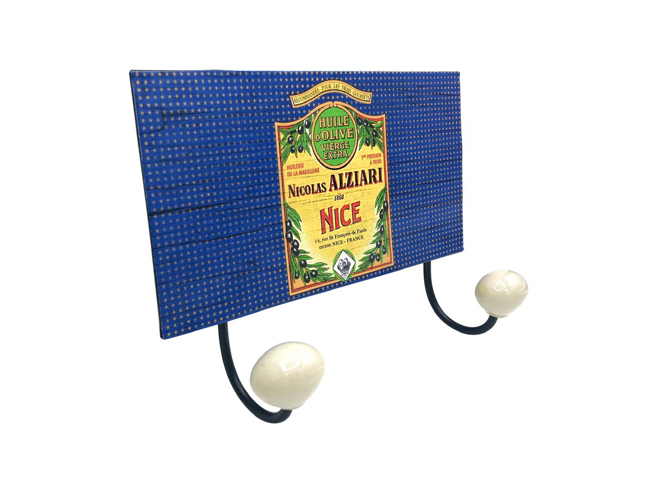 Cadeau fidélité : Porte manteau vintage Huile d’olive Nicolas Alziari Nice - 2 crochets (métal)