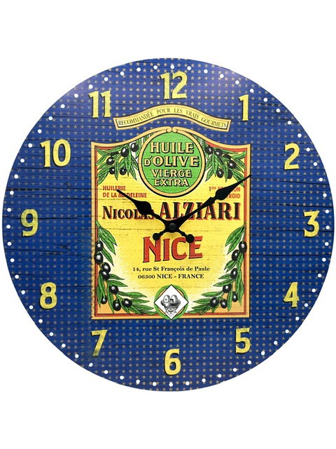 Cadeau fidélité : Horloge vintage huile d’olive Nicolas Alziari Nice (diam : 34 cm) 